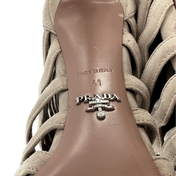 Prada Beige Suede Wavy Shootie Peep Toe Cage Heels Size 41 Neutral - Picture 9 of 9